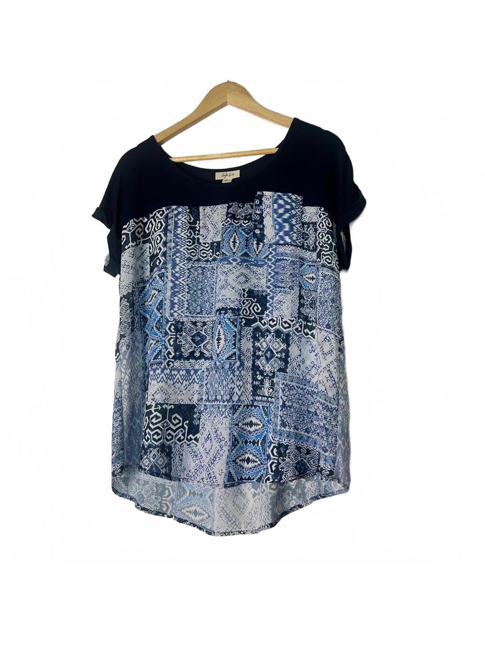 NWT Style & Co Print Blouse Size M Navy Blue White Boho Top Pocket Tunic